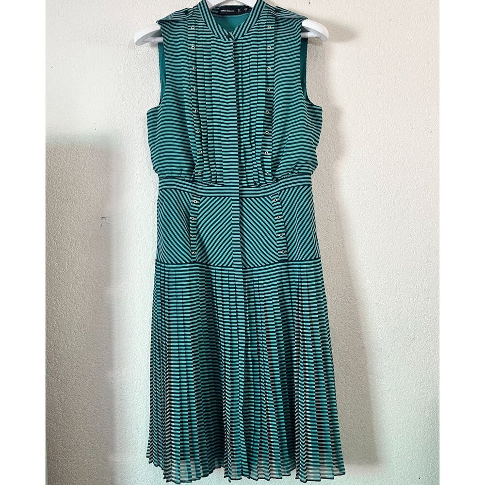 Karen Millen Womens Striped Sleeveless Pleated Midi Dress Size 8 Green A-Line